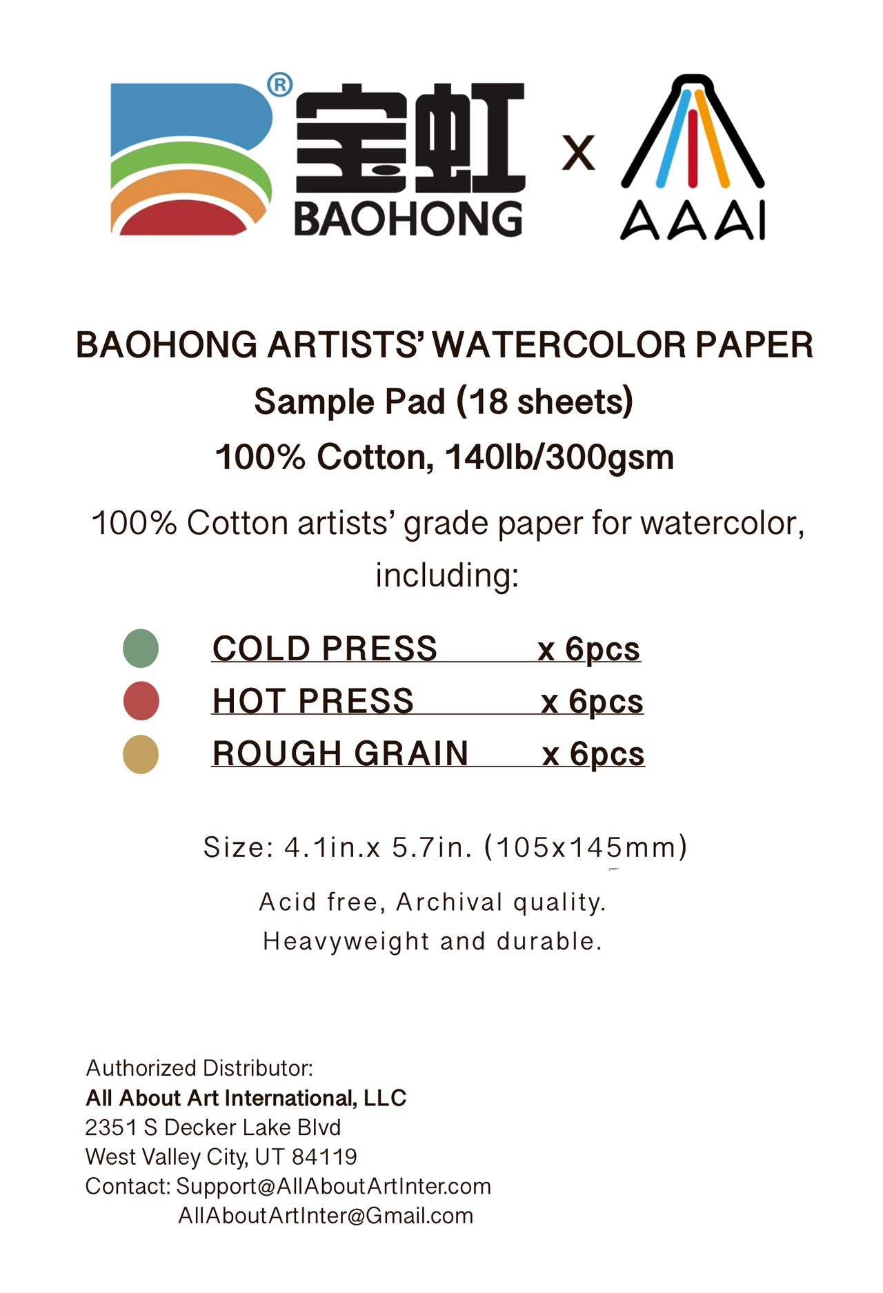 Baohong Watercolor Trial Pad, 4.1x5.7, Artists' Grade, Cold Pressx6, Hot  Press x6, Rough Grain x6, 100% cotton, 140lb/300gsm
